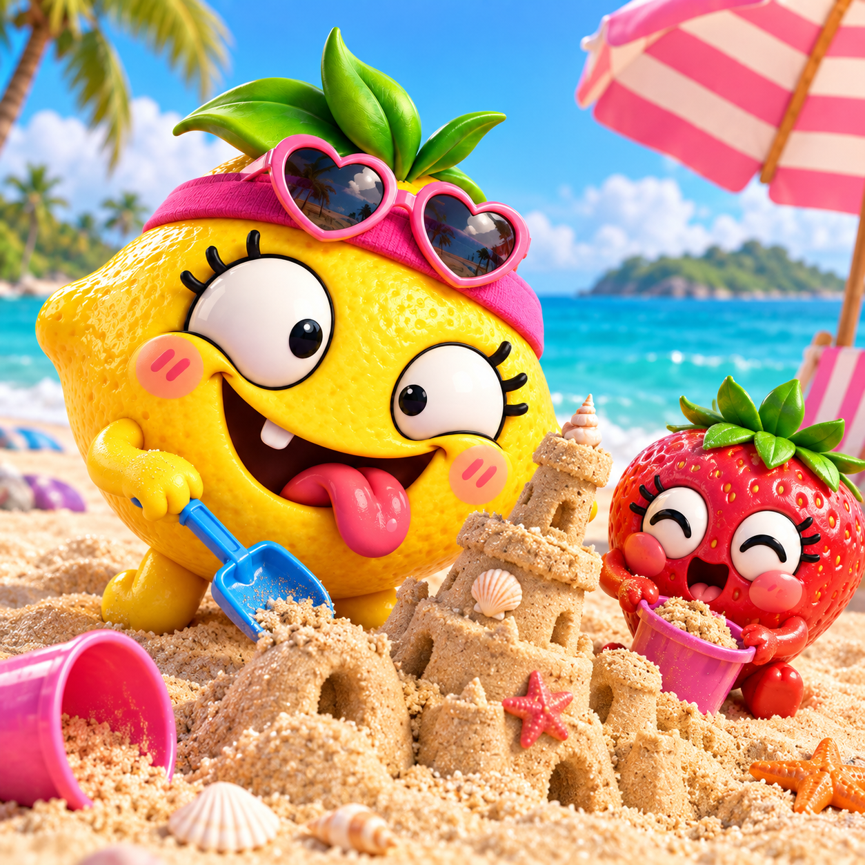 Lulu and her strawberry friend at the beach
