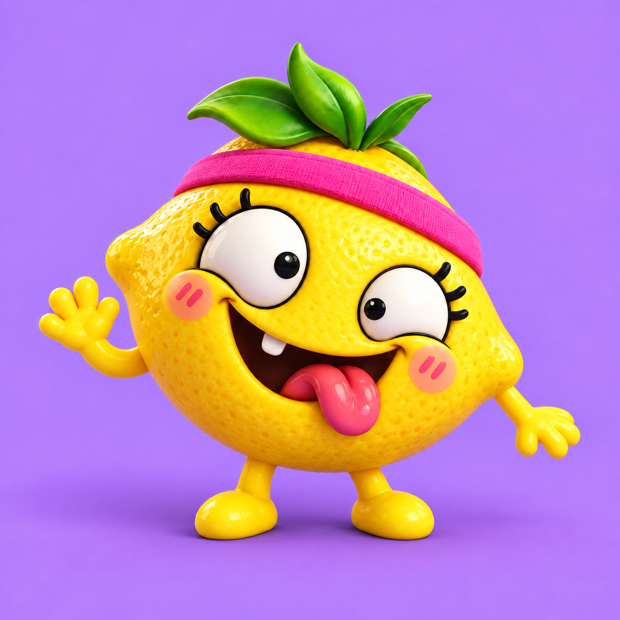 Lulu, a smiling yellow 3D lemon with a pink headband, waving hello